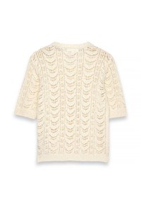 Maglione a maglia crema con maniche corte, caratterizzato da un motivo decorativo a traforato e una consistenza morbida. Collo rotondo con orlo a coste.
