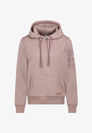 Helle rosa Kapuzenjacke aus weichem Material mit einer Kängurutasche, verstellbarem Kapuzenzug, gerippten Bündchen und Branding am rechten Arm.