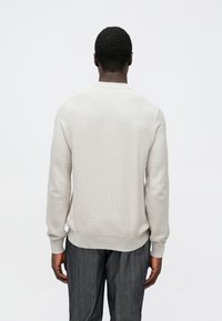 Gaiši pelēks džemperis ar teksturētu adījuma dizainu, ribota aproce un apakšmala. Valkāts kopā ar tumši pelēkām svītrainām biksēm, redzams no aizmugures.