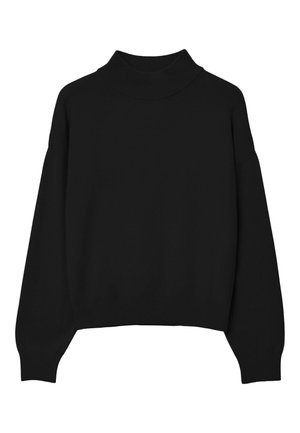 Pull à col roulé noir avec des manches longues et décontractées ; fabriqué en tissu tricoté doux ; présente un col haut et des poignets et un ourlet côtelés.
