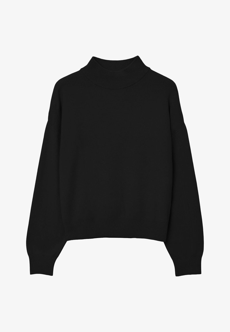 Maglione a collo alto nero con maniche lunghe e morbide; realizzato in un tessuto a maglia morbido; presenta un collo alto e un bordo a costine nei polsini e nell'orlo.