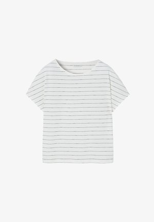 Weißes kurzärmliges T-Shirt mit dünnen schwarzen horizontalen Streifen, Rundhalsausschnitt und lockerer Passform. Hergestellt aus einem weichen, atmungsaktiven Stoff.