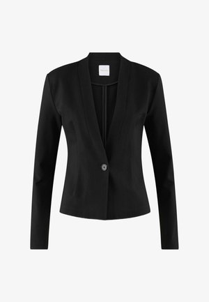 Schwarzer strukturierter Blazer mit langen Ärmeln, Reverskragen, einreihigem Knopfverschluss und vorderen Abnähern. Glatte Stoffoberfläche, figurbetonter Schnitt.