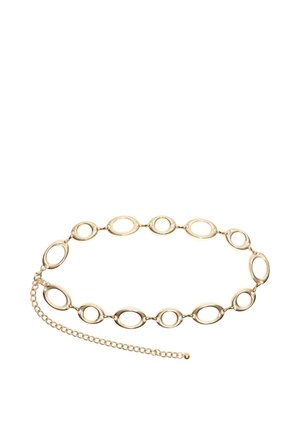Ceinture chaîne en or avec des maillons ovales alternant grands et petits, et une chaînette d’extension ajustable avec une petite perle ronde à l’extrémité.