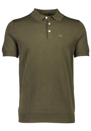 Olijfgroene gebreide polo met een kraag, korte mouwen, een knoopsluiting met drie knopen en een geribde onderrand. Bevat een subtiele logo.