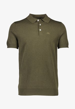 Polo shirt lavorato a maglia verde oliva con colletto, maniche corte, patta con tre bottoni e orlo a coste. Presenta un logo discreto.