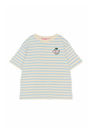 Pasiasty t-shirt z krótkim rękawem w jasnym beżu z niebieskimi poziomymi paskami. Posiada haft wiśni z napisem oraz prążkowany okrągły dekolt.