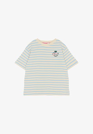 Pasiasty t-shirt z krótkim rękawem w jasnym beżu z niebieskimi poziomymi paskami. Posiada haft wiśni z napisem oraz prążkowany okrągły dekolt.