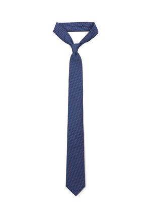 Granatowy krawat z delikatnym geometrycznym wzorem, wykonany z tkaniny tkanej, z ostrym końcem i gładką fakturą.