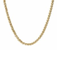 Złoty naszyjnik łańcuszkowy z przeplatanymi ogniwami, gładką fakturą i klasycznym wzornictwem. Wyróżniający się połyskującym wykończeniem oraz równomiernie rozmieszczonymi ogniwami.