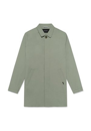 Trench-coat vert clair avec col, fermeture à boutons sur le devant et deux poches latérales. Texture lisse, design moderne et style minimaliste.