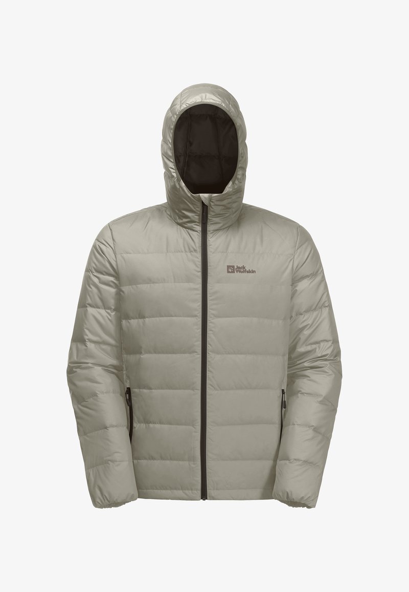 Light grey puffer jacket with a hood, quilted design, zippered front, and two side pockets. Features a dark logo on the chest area.