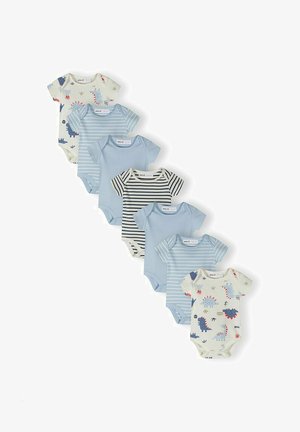 Septyni trumpomis rankovėmis kūdikių bodžiukai mėlynos spalvos atspalviais su dinozaurų ir dryžuotais raštais, išdėstyti įstrižai linijoje.