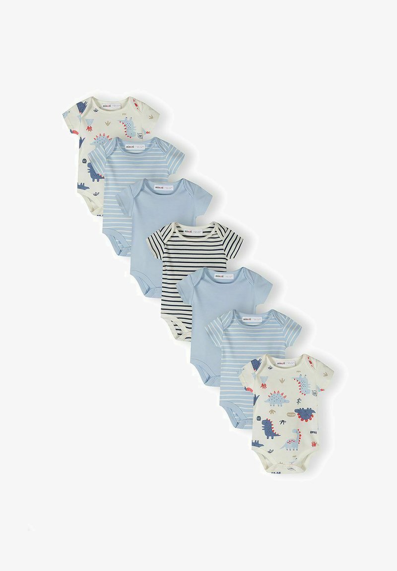 Sedam kratkih bodija za bebe, u plavim nijansama s uzorcima dinosaura i prugama, raspoređenih u dijagonalnoj liniji.