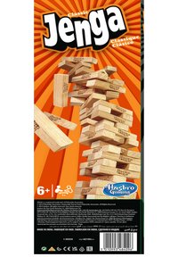 Classic Jenga game set with wooden blocks, light tan color, featuring engraved "Jenga" logo. Stackable design for balance and play.