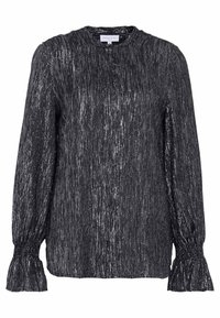 Blusa nera a maniche lunghe con una finitura texturizzata e lucida, caratterizzata da un collo alto, polsini arricciati e una vestibilità rilassata.