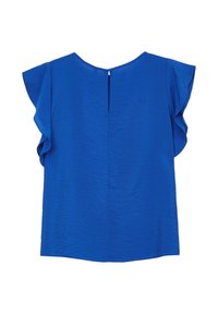 Blusa blu con maniche corte arricciate, texture liscia e chiusura con bottone sul retro. Presenta una leggera lucentezza e una vestibilità comoda.