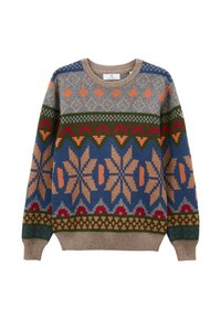 Pull avec des motifs géométriques et floraux multicolores en bleu, beige, vert, rouge et orange, avec des poignets côtelés et un col rond.