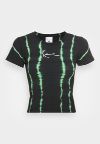 Black short-sleeve t-shirt with green tie-dye stripes and a white signature logo on the chest. Made from soft cotton material.