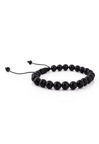 Brăţară din mărgele negre, confecţionată din pietre lustruite, având un cordon elastic pentru ajustarea mărimii. Mărgelele sunt rotunde și uniforme ca dimensiune.