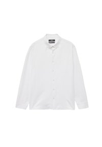 Witte lange mouwen button-up shirt met een kraag, met een strak ontwerp, gladde textuur en rechte zoom. Knopen zijn gelijkmatig verdeeld over de voorkant.