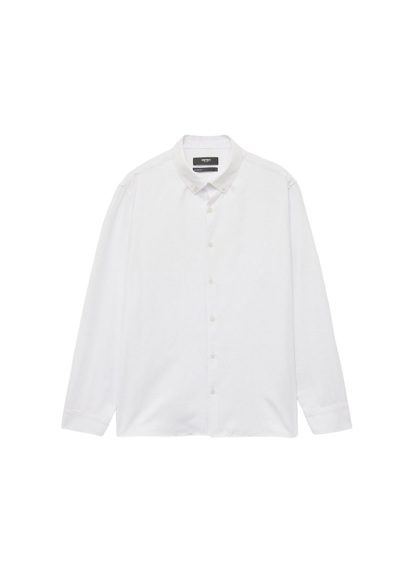 Witte lange mouwen button-up shirt met een kraag, met een strak ontwerp, gladde textuur en rechte zoom. Knopen zijn gelijkmatig verdeeld over de voorkant.