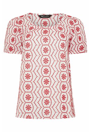 Blusa blanca de manga corta con patrones bordados simétricos florales y geométricos en rojo, escote redondo y etiqueta M&Co talla UK 10.