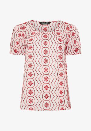 Blusa blanca de manga corta con patrones bordados simétricos florales y geométricos en rojo, escote redondo y etiqueta M&Co talla UK 10.