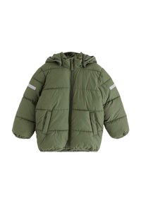 Giacca invernale verde imbottita con cappuccio, zip frontale, due tasche e strisce riflettenti su entrambe le maniche.