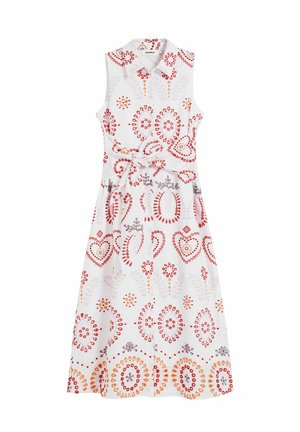 Weißes ärmelloses Kleid mit roten, orangen und lila Blumenmustern, ausgestattet mit einem Kragen und einem gebundenen Taillendetail.