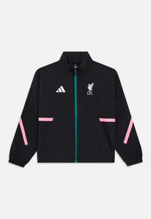 Chaqueta negra con detalles en rosa y cremallera en color verde azulado. Presenta cuello redondo, mangas largas y logo de LFC en el pecho. Fabricada con material ligero.