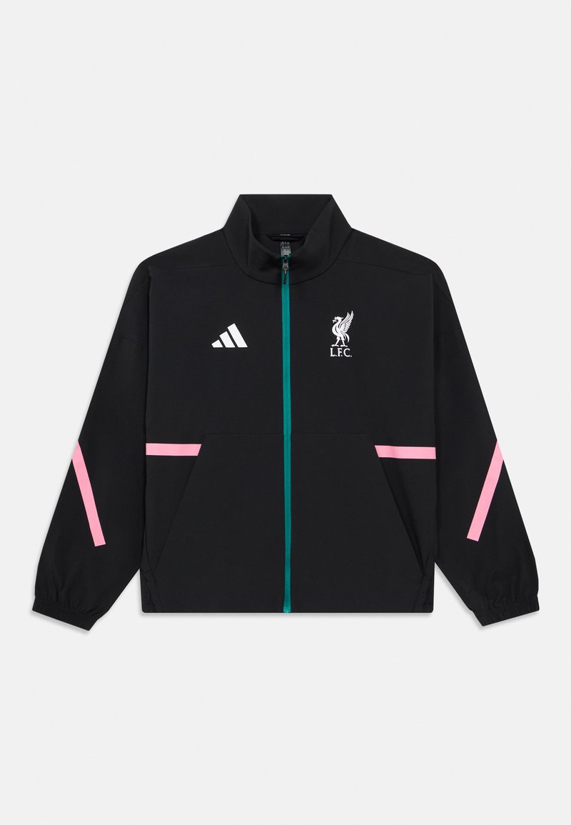 Veste noire avec accents roses et fermeture éclair turquoise. Comprend un col rond, des manches longues, et le logo LFC sur la poitrine. Fabriquée en matériau léger.