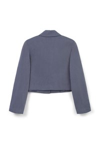 Giacca cropped a maniche lunghe in un tessuto azzurro chiaro con una texture sottile. Presenta un colletto classico e un orlo dritto sul retro.