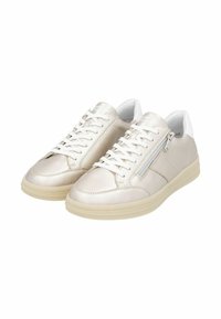 Helle beige Leder-Sneaker mit glatter Textur, weißen Akzenten, Schnürsenkeln und einem seitlichen Reißverschlussdetail. Gummisohle für besseren Halt.