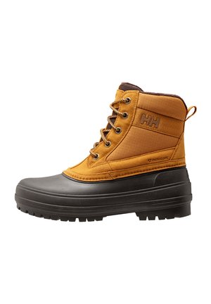 Botte d'hiver isolante marron et noire avec laçage à l'avant, semelle en caoutchouc épaisse et logo HH sur le côté.