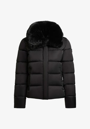 Giacca a vento nera con collo in pelliccia morbida, caratterizzata da un design trapuntato, due tasche laterali e chiusura con zip anteriore. Tessuto morbido.