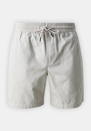 Beige shorts with an elastic waistband, drawstring with black ends, tailored fit, and smooth cotton material. No pockets visible.