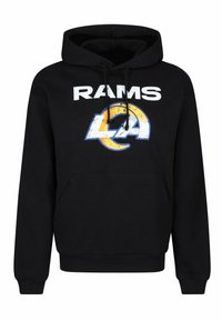 Sudadera negra con bolsillo canguro, que presenta "RAMS" en texto blanco y un logo de "LA" en azul y amarillo. Hecha de una mezcla de algodón.