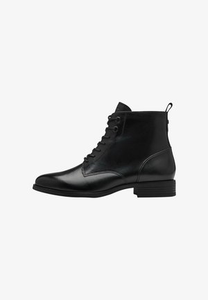 Bottines en cuir noir à bout rond, à lacets à l'avant et avec un petit talon. Elles présentent une finition lisse et une languette à l'arrière.