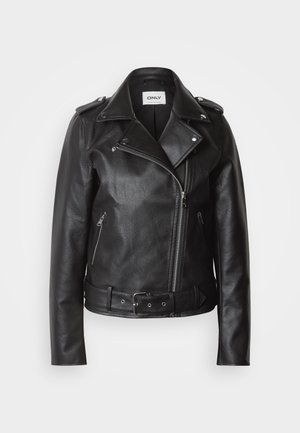 Black leather motorcycle jacket featuring an asymmetrical zipper, belted waist, and zippered side pockets. Smooth texture with epaulet accents.