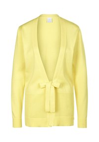 Geel gebreide cardigan met V-hals en striksluiting in de taille, voorzien van ribbeltextuur op de mouwen en onderzoom.