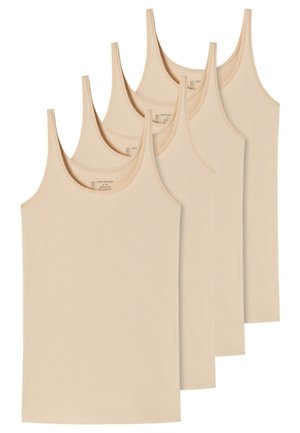 Vier beige Tanktops aus weichem, dehnbarem Stoff mit dünnen Trägern, die ein einfaches, nahtloses Design ohne sichtbare Logos aufweisen.
