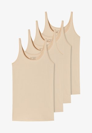 Vier beige Tanktops aus weichem, dehnbarem Stoff mit dünnen Trägern, die ein einfaches, nahtloses Design ohne sichtbare Logos aufweisen.