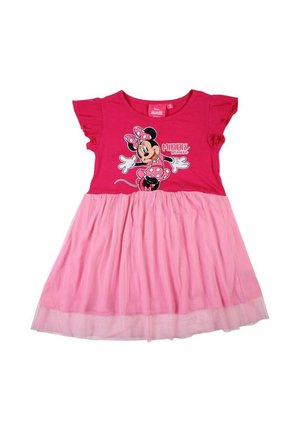 Robe pour fille avec un haut graphique Minnie Mouse rose et une jupe en tulle rose clair, manches courtes bouffantes et col rond.