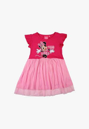 Robe pour fille avec un haut graphique Minnie Mouse rose et une jupe en tulle rose clair, manches courtes bouffantes et col rond.