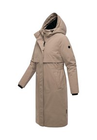 Parka imperméable beige avec un col haut, une capuche ajustable, une taille élastique, des manches longues et des poches latérales, présentant une texture lisse et élégante.