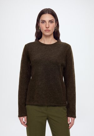 Femme aux longs cheveux bruns portant un pull doux marron foncé et un pantalon vert olive, debout devant un fond blanc uni.