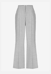 Lichtgrijze, hooggetailleerde, op maat gemaakte broek met een rechte pijp en zichtbare naden aan de voorkant en zijkanten.