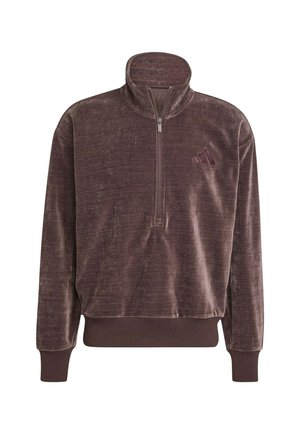 Brown velour quarter-zip pullover with high collar, ribbed cuffs and hem, and subtle textured logo on the chest.