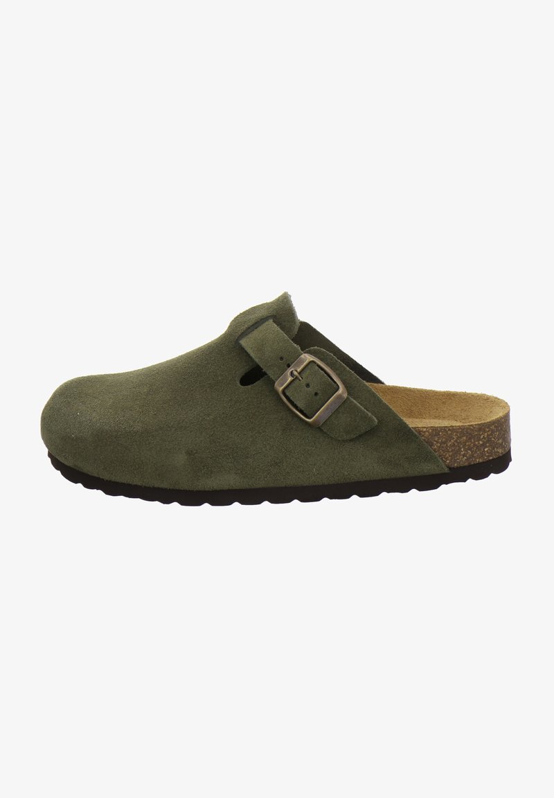 Green suede clog with a rounded toe, adjustable metal buckle, and cork footbed. Textured sole provides grip; open back for easy wear.